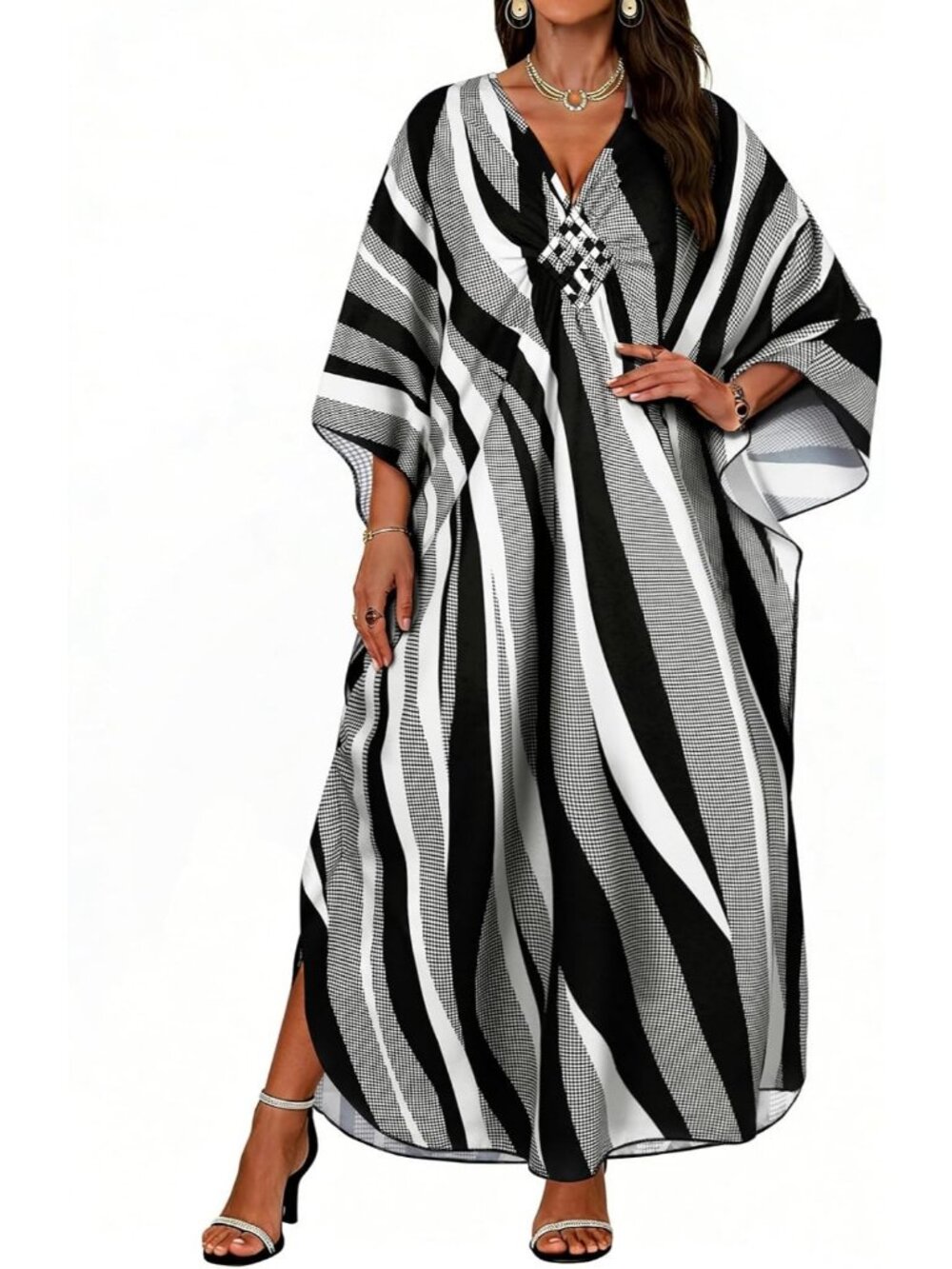 Women Black Dotted Stripes Polyester V Neck Printed Batwing Sleeves Coverup